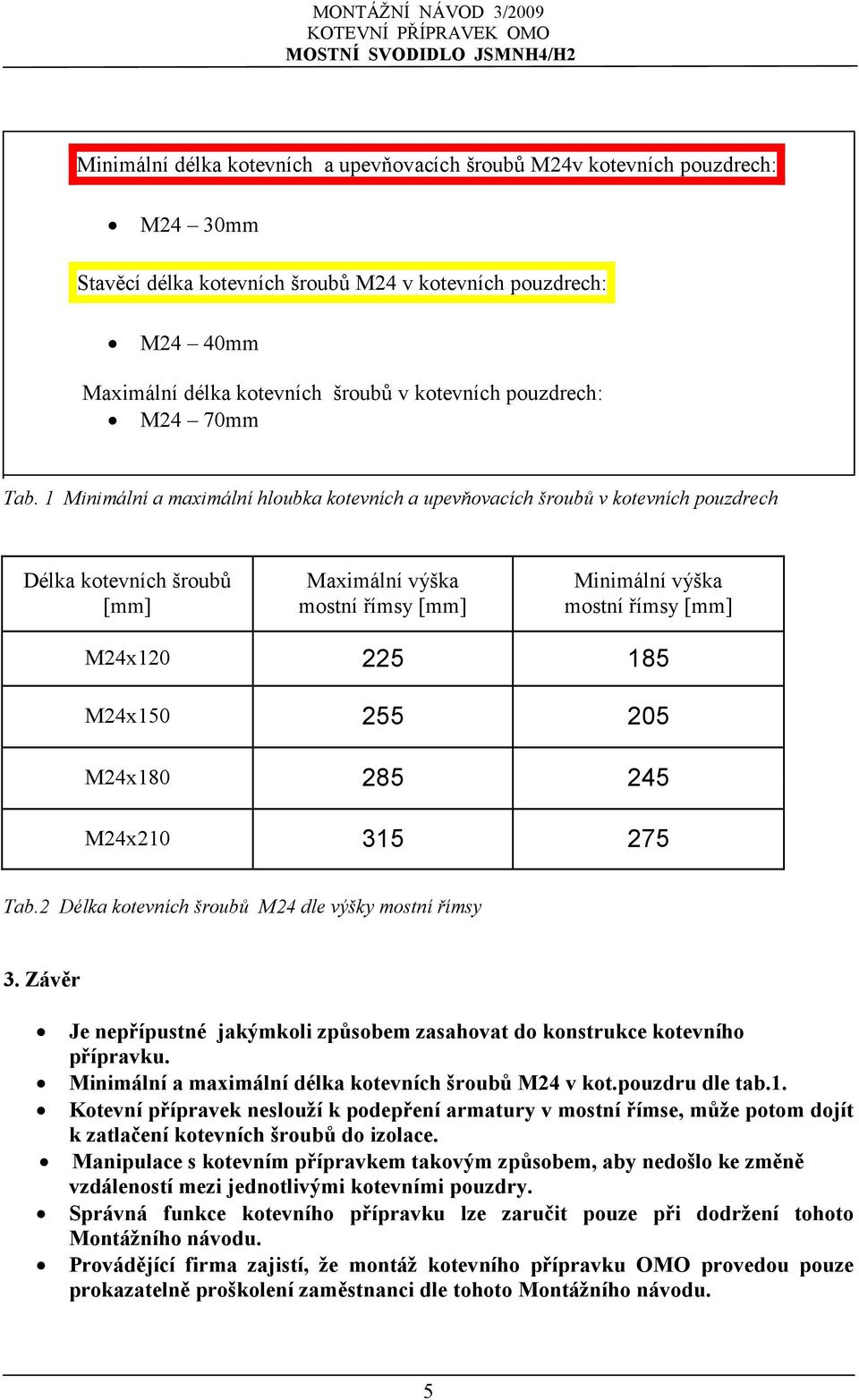 1 Minimální a maximální hloubka kotevních a upevňovacích šroubů v kotevních pouzdrech Délka kotevních šroubů [mm] Maximální výška mostní římsy [mm] Minimální výška mostní římsy [mm] M24x120 225 185