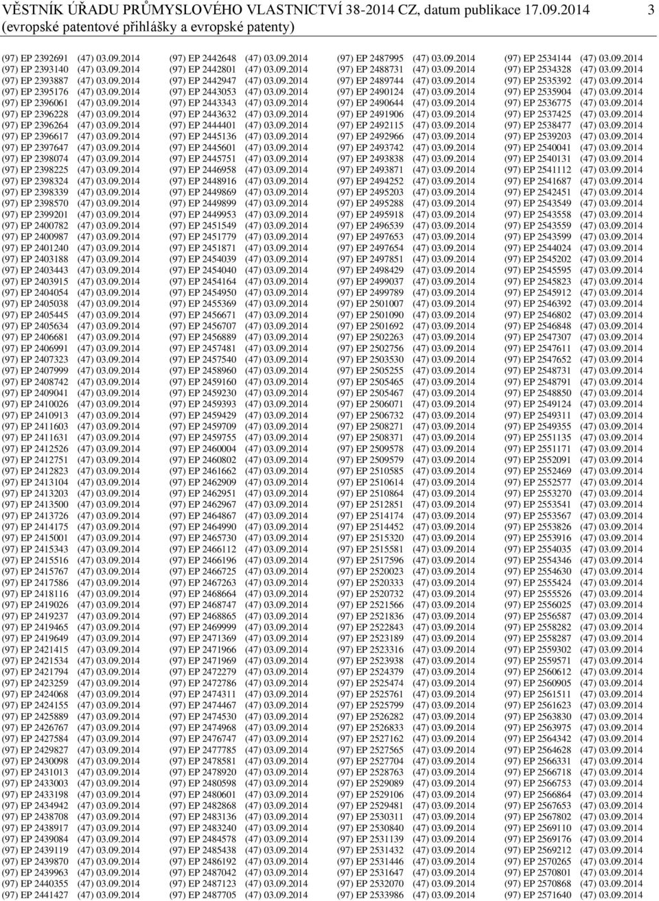 09.2014 (97) EP 2398225 (47) 03.09.2014 (97) EP 2398324 (47) 03.09.2014 (97) EP 2398339 (47) 03.09.2014 (97) EP 2398570 (47) 03.09.2014 (97) EP 2399201 (47) 03.09.2014 (97) EP 2400782 (47) 03.09.2014 (97) EP 2400987 (47) 03.