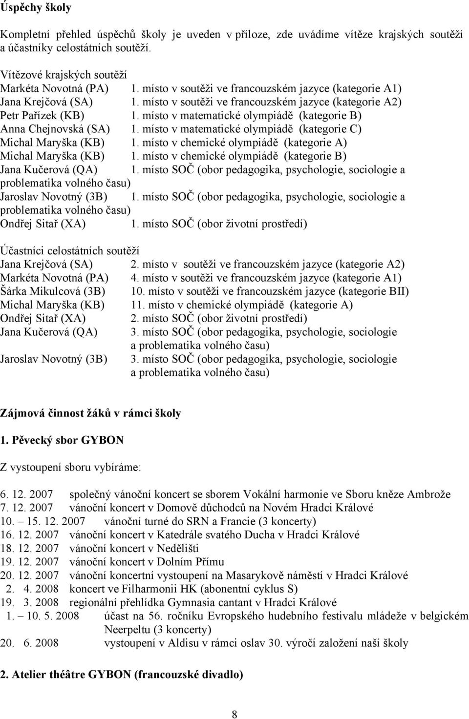 místo v matematické olympiádě (kategorie B) Anna Chejnovská (SA) 1. místo v matematické olympiádě (kategorie C) Michal Maryška (KB) 1. místo v chemické olympiádě (kategorie A) Michal Maryška (KB) 1.