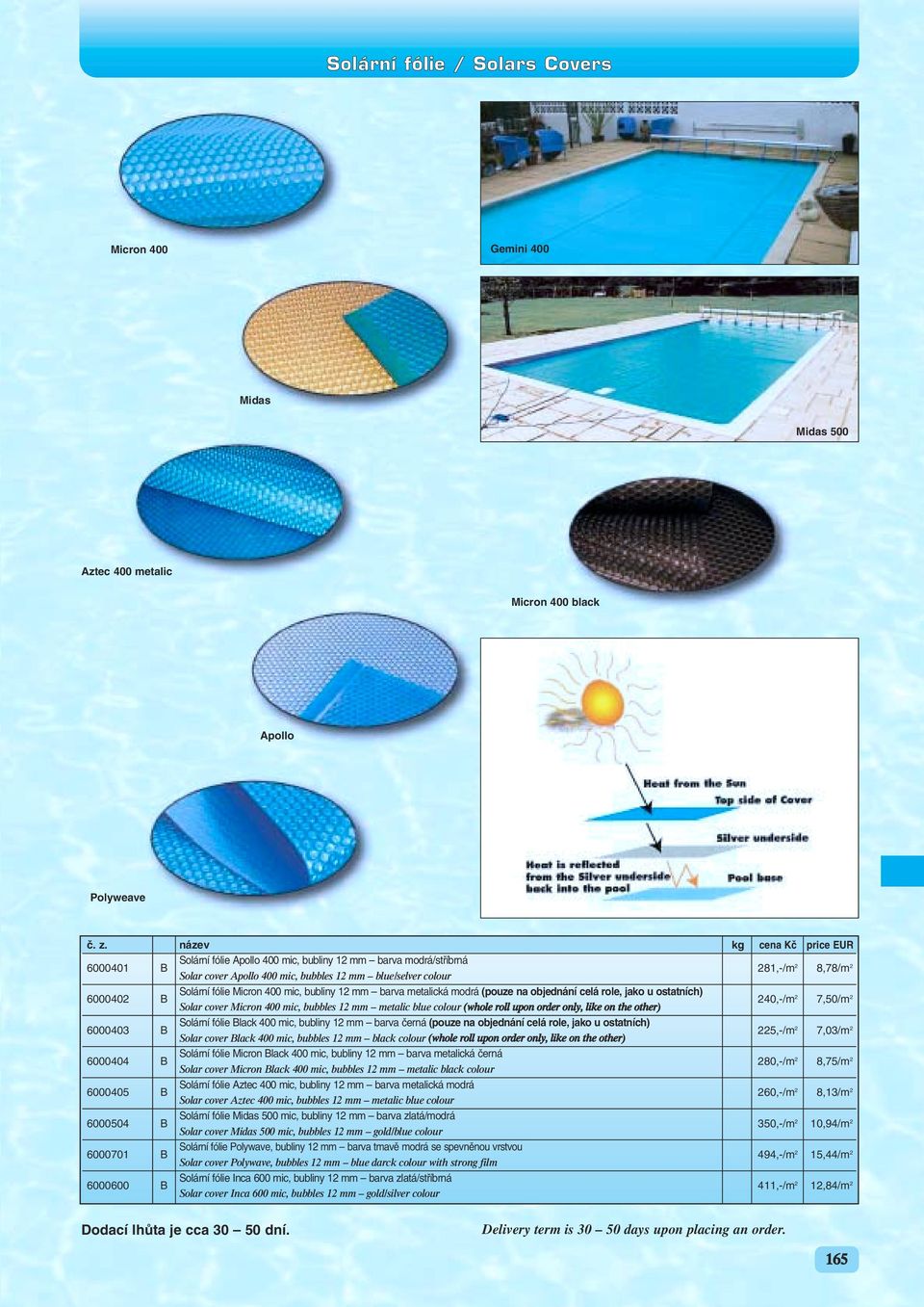 ostatních) 240,-/m 2 7,50/m 2 Solar cover Micron 400 mic, bubbles 12 mm metalic blue colour (whole roll upon order only, like on the other) 6000403 B Solární fólie Black 400 mic, bubliny 12 mm barva