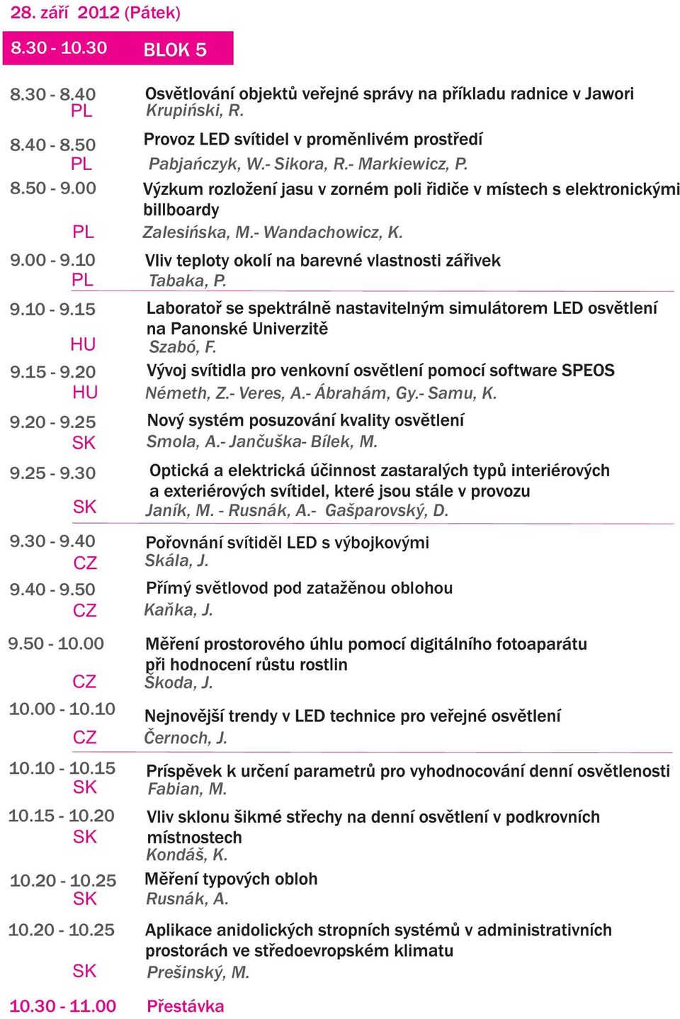 40 Porovnání svítidel LED s výbojkovými Skála, J. 9.40-9.50 Prímý svetlovod pod zataženou oblohou Kaòka, J. 9.50-10.00 Zalesiñska, M.- Wandachowicz, K.