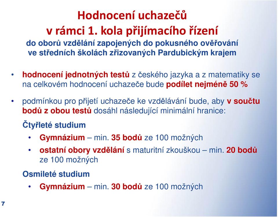 jednotných testů z českého jazyka a z matematiky se na celkovém hodnocení uchazeče bude podílet nejméně 50 % podmínkou pro přijetí uchazeče ke