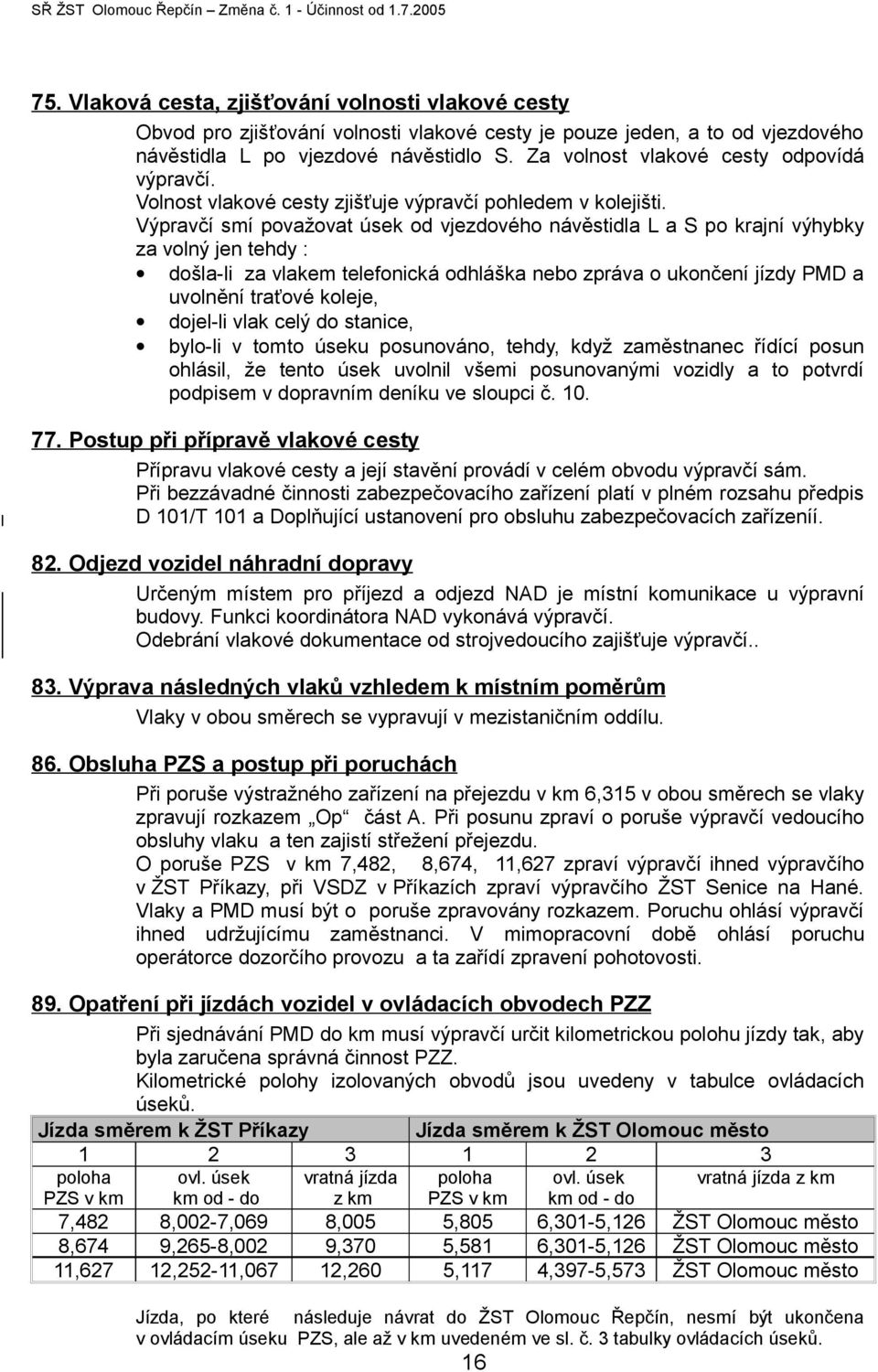 Výpravčí smí považovat úsek od vjezdového návěstidla L a S po krajní výhybky za volný jen tehdy : došla-li za vlakem telefonická odhláška nebo zpráva o ukončení jízdy PMD a uvolnění traťové koleje,