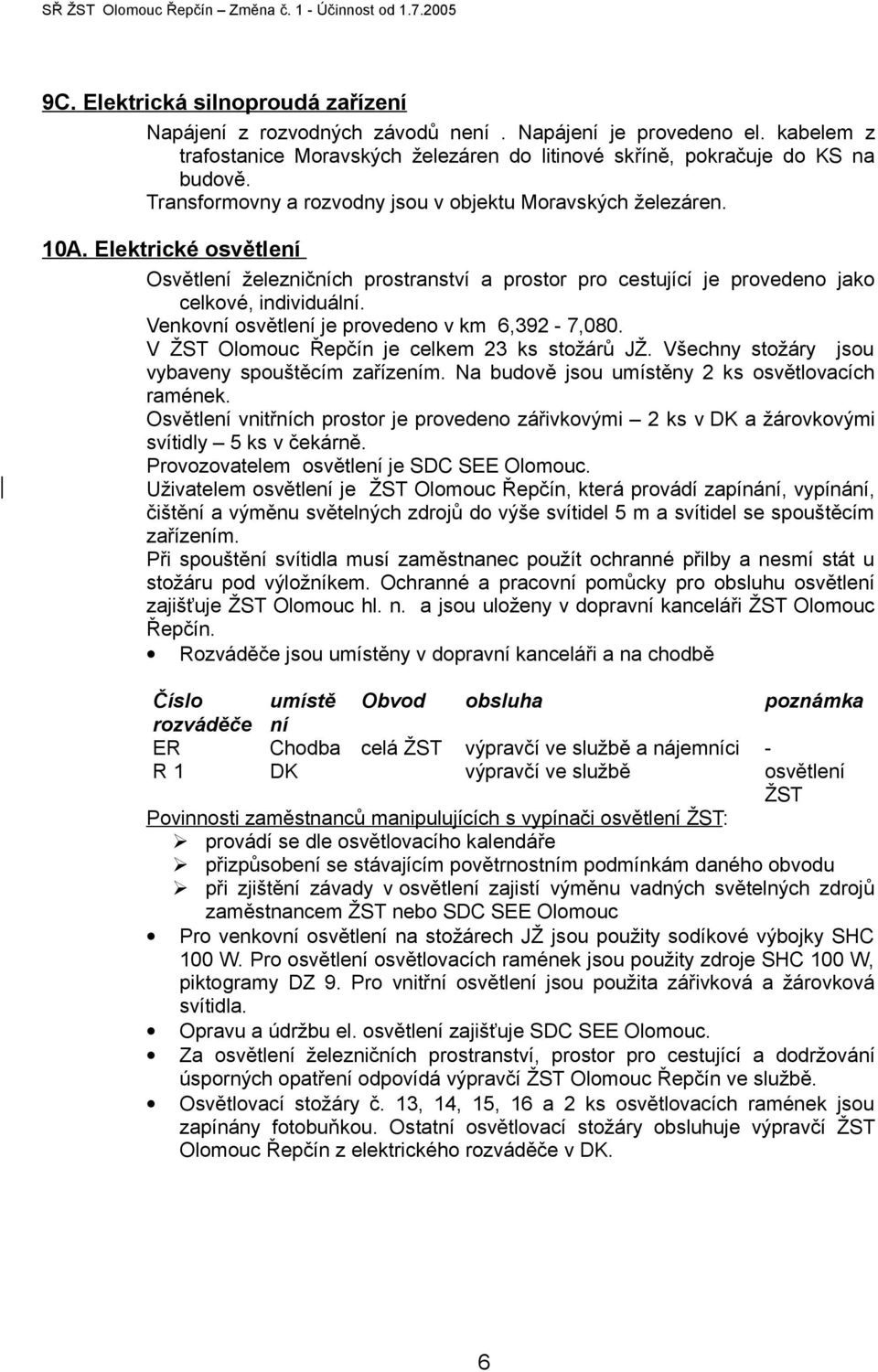 Venkovní osvětlení je provedeno v km 6,392-7,080. V ŽST Olomouc Řepčín je celkem 23 ks stožárů JŽ. Všechny stožáry jsou vybaveny spouštěcím zařízením.