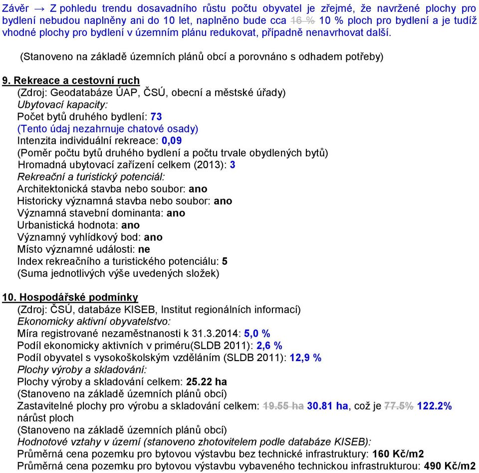 Rekreace a cestovní ruch (Zdroj: Geodatabáze ÚAP, ČSÚ, obecní a městské úřady) Ubytovací kapacity: Počet bytů druhého bydlení: 73 (Tento údaj nezahrnuje chatové osady) Intenzita individuální