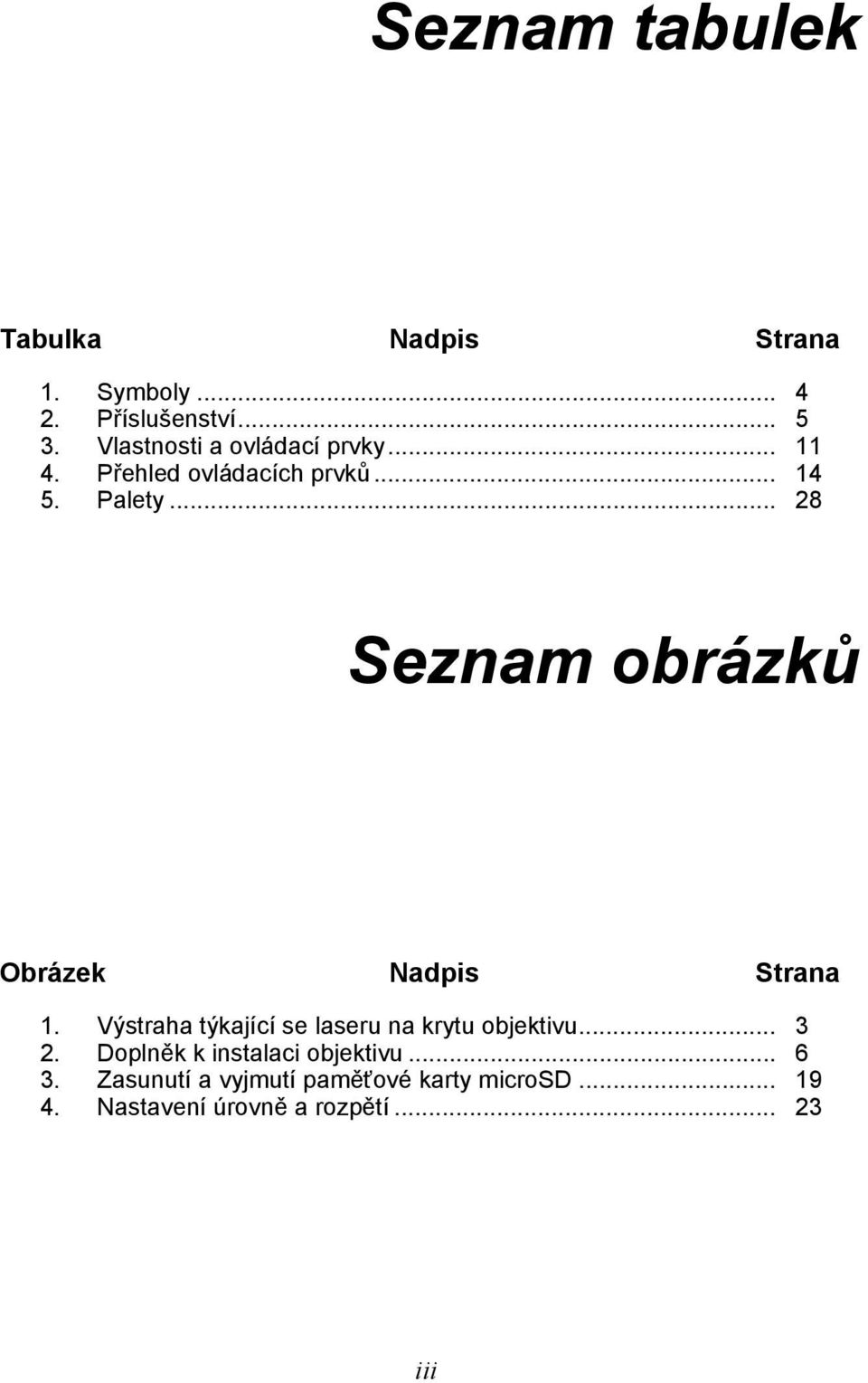 .. 28 Seznam obrázků Obrázek Nadpis Strana 1. Výstraha týkající se laseru na krytu objektivu.