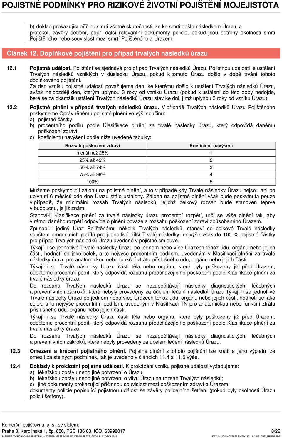 Doplňkové pojištění pro případ trvalých následků úrazu 12.1 Pojistná událost. Pojištění se sjednává pro případ Trvalých následků Úrazu.