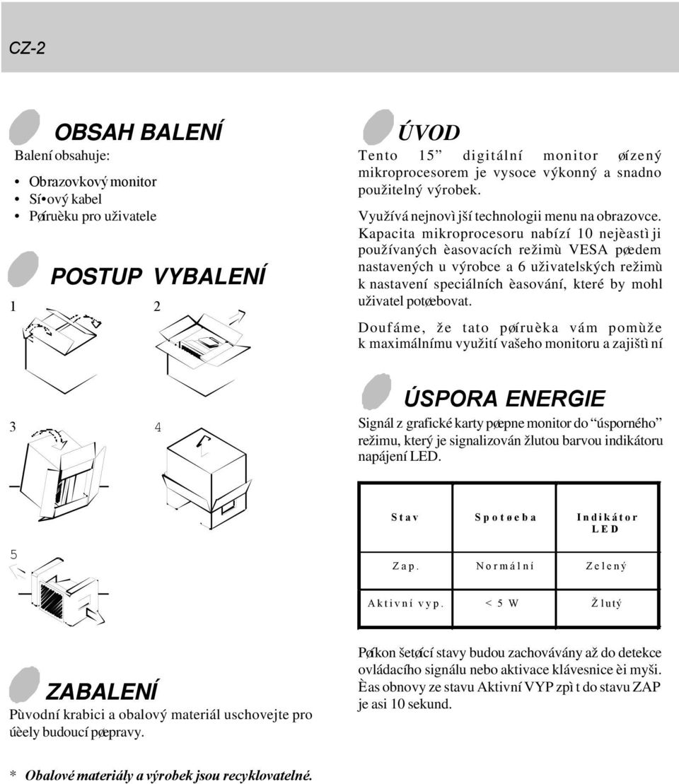 Kapacita mikroprocesoru nabízí 10 nejèastìji používaných èasovacích režimù VESA pøedem nastavených u výrobce a 6 uživatelských režimù k nastavení speciálních èasování, které by mohl uživatel