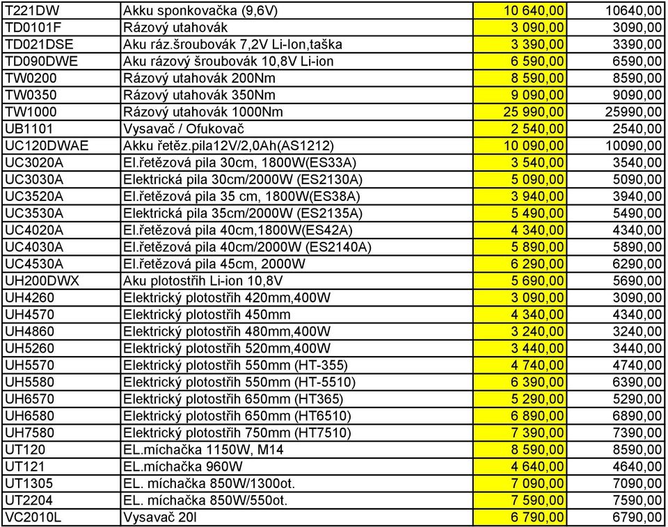 TW1000 Rázový utahovák 1000Nm 25 990,00 25990,00 UB1101 Vysavač / Ofukovač 2 540,00 2540,00 UC120DWAE Akku řetěz.pila12v/2,0ah(as1212) 10 090,00 10090,00 UC3020A El.