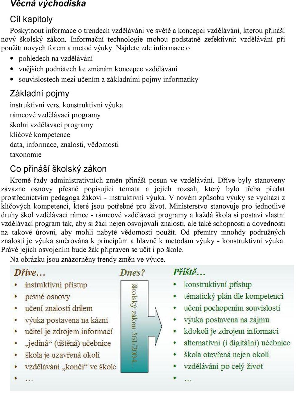 Najdete zde informace o: pohledech na vzdělávání vnějších podnětech ke změnám koncepce vzdělávání souvislostech mezi učením a základními pojmy informatiky Základní pojmy instruktivní vers.