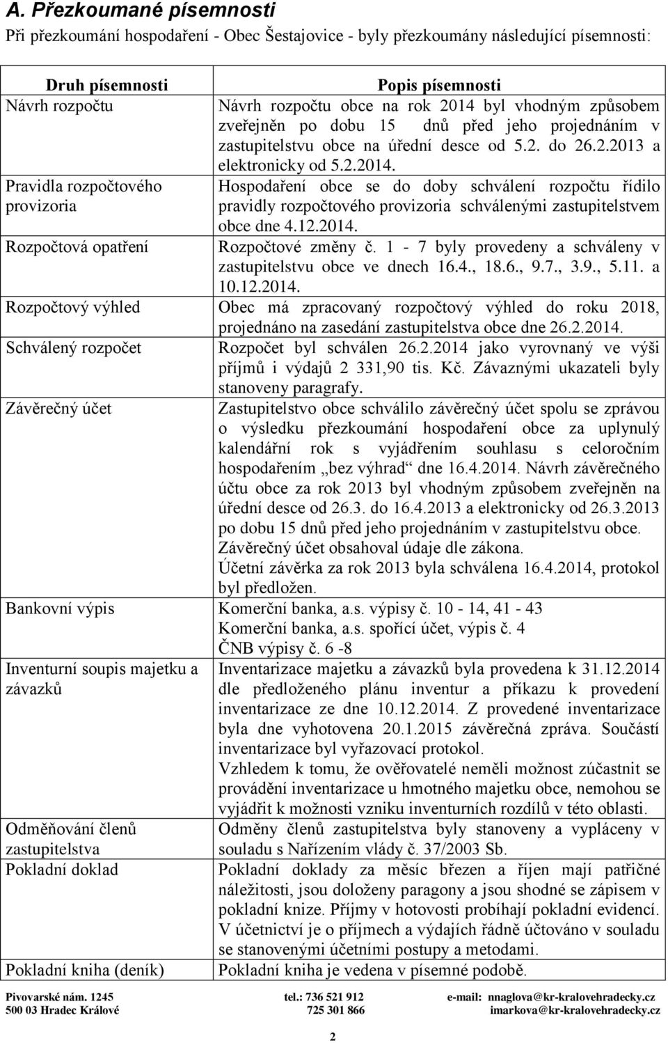 Pravidla rozpočtového provizoria Hospodaření obce se do doby schválení rozpočtu řídilo pravidly rozpočtového provizoria schválenými zastupitelstvem obce dne 4.12.2014.