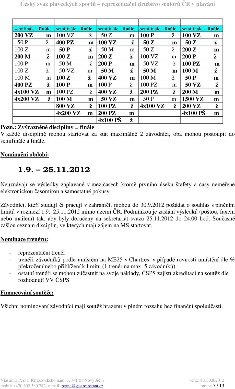 4x200 VZ ž 100 M m 50 VZ m 50 P m 1500 VZ m 800 VZ ž 100 PZ ž 4x100 VZ ž 200 VZ ž 4x200 VZ m 200 PZ m 4x100 PŠ m 4x100 PŠ ž Pozn.