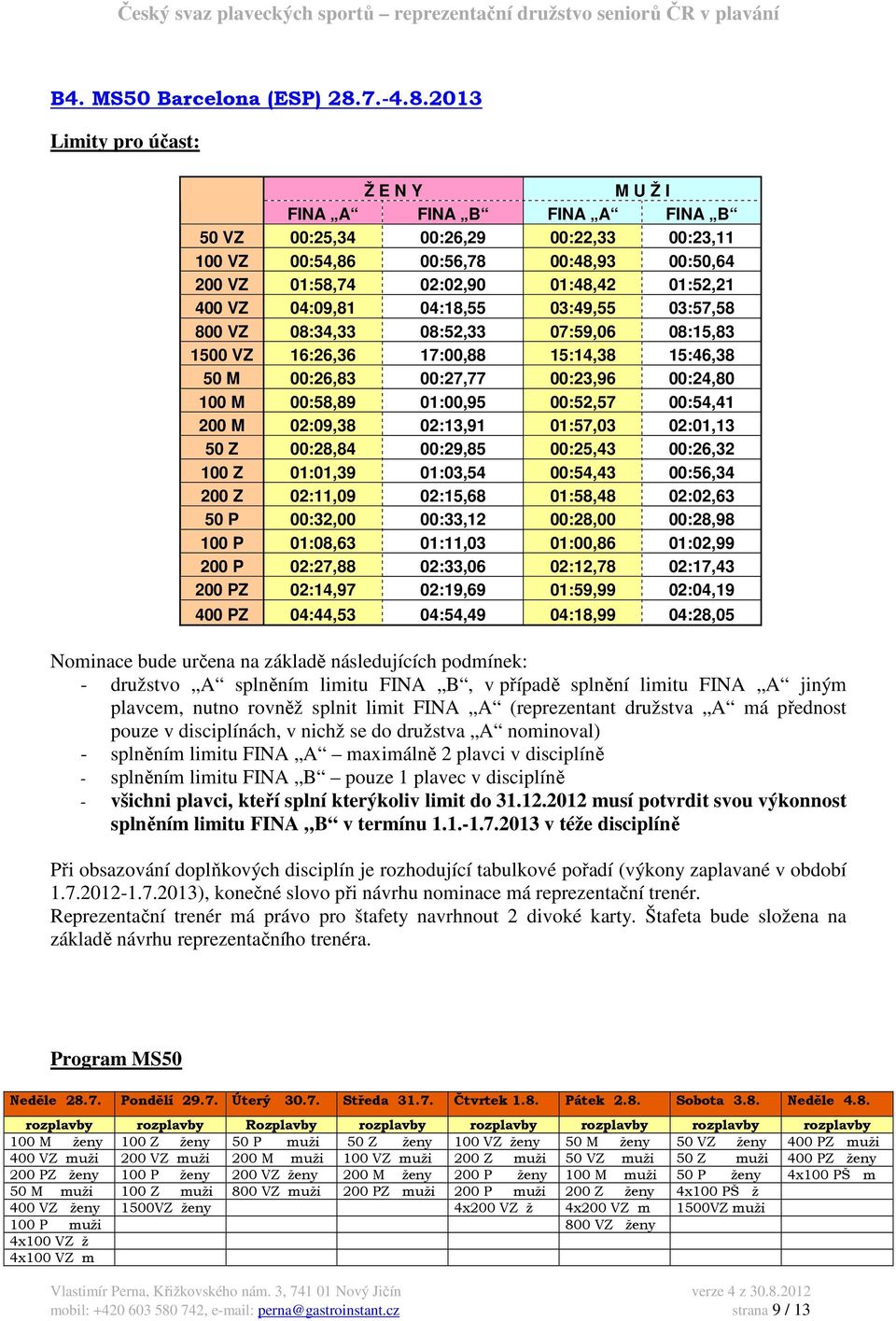 2013 Limity pro účast: Ž E N Y M U Ž I FINA A FINA B FINA A FINA B 50 VZ 00:25,34 00:26,29 00:22,33 00:23,11 100 VZ 00:54,86 00:56,78 00:48,93 00:50,64 200 VZ 01:58,74 02:02,90 01:48,42 01:52,21 400