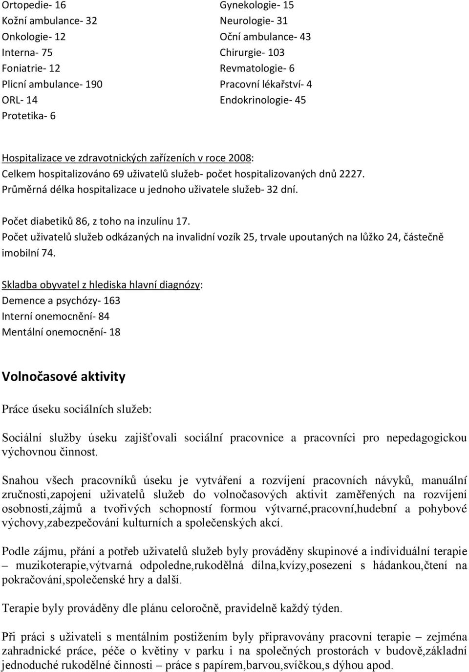 Průměrná délka hospitalizace u jednoho uživatele služeb- 32 dní. Počet diabetiků 86, z toho na inzulínu 17.