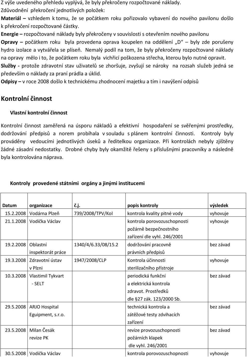 Energie rozpočtované náklady byly překročeny v souvislosti s otevřením nového pavilonu Opravy počátkem roku byla provedena oprava koupelen na oddělení D byly zde porušeny hydro izolace a vytvářela se