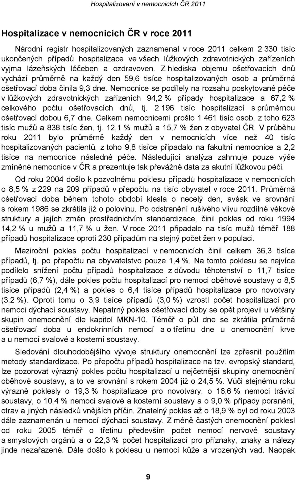 Nemocnice se podílely na rozsahu poskytované péče v lůžkových zdravotnických zařízeních 94,2 % případy hospitalizace a 67,2 % celkového počtu ošetřovacích dnů, tj.