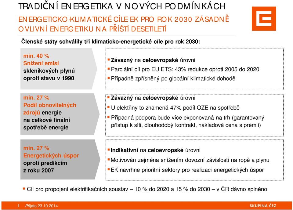 27 % Podíl obnovitelných zdroj energie na celkové finální spot eb energie Závazný na celoevropské úrovni U elekt iny to znamená 47% podíl OZE na spot eb ípadná podpora bude více exponovaná na trh