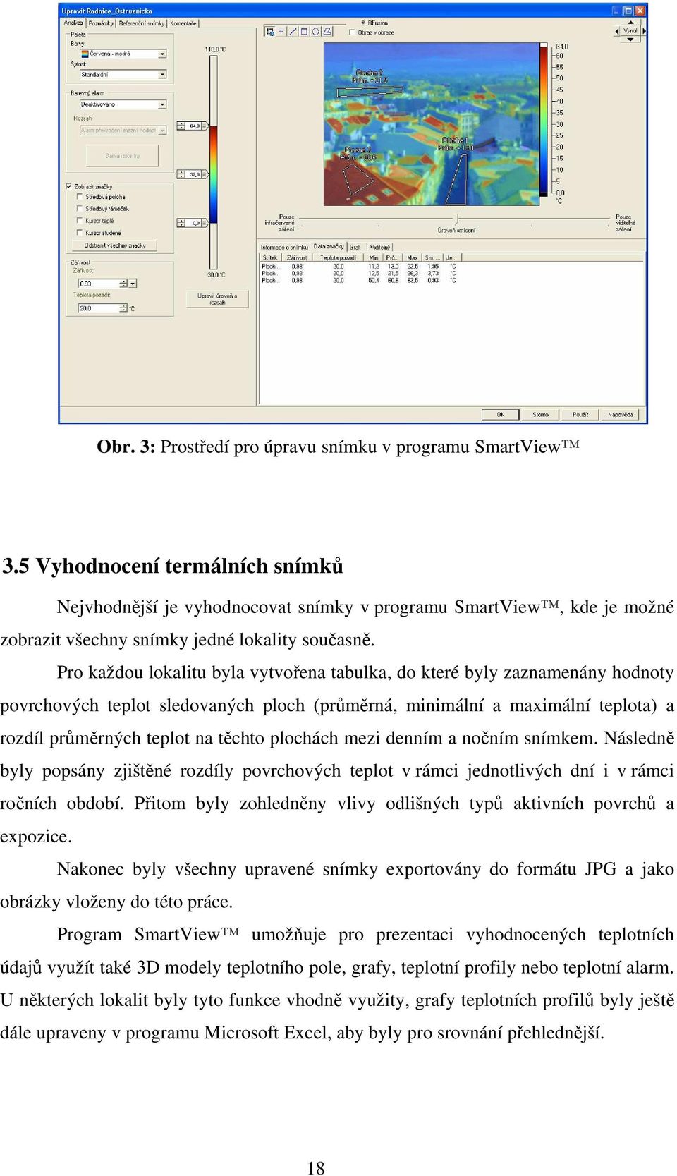 Pro každou lokalitu byla vytvořena tabulka, do které byly zaznamenány hodnoty povrchových teplot sledovaných ploch (průměrná, minimální a maximální teplota) a rozdíl průměrných teplot na těchto