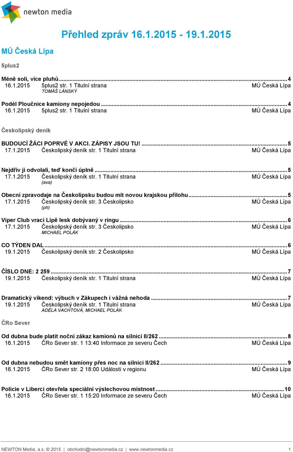 .. 5 17.1.2015 Českolipský deník str. 3 Českolipsko (ph) Viper Club vrací Lípě lesk dobývaný v ringu... 6 17.1.2015 Českolipský deník str. 3 Českolipsko MICHAEL POLÁK CO TÝDEN DAL... 6 19.1.2015 Českolipský deník str. 2 Českolipsko ČÍSLO DNE: 2 259.