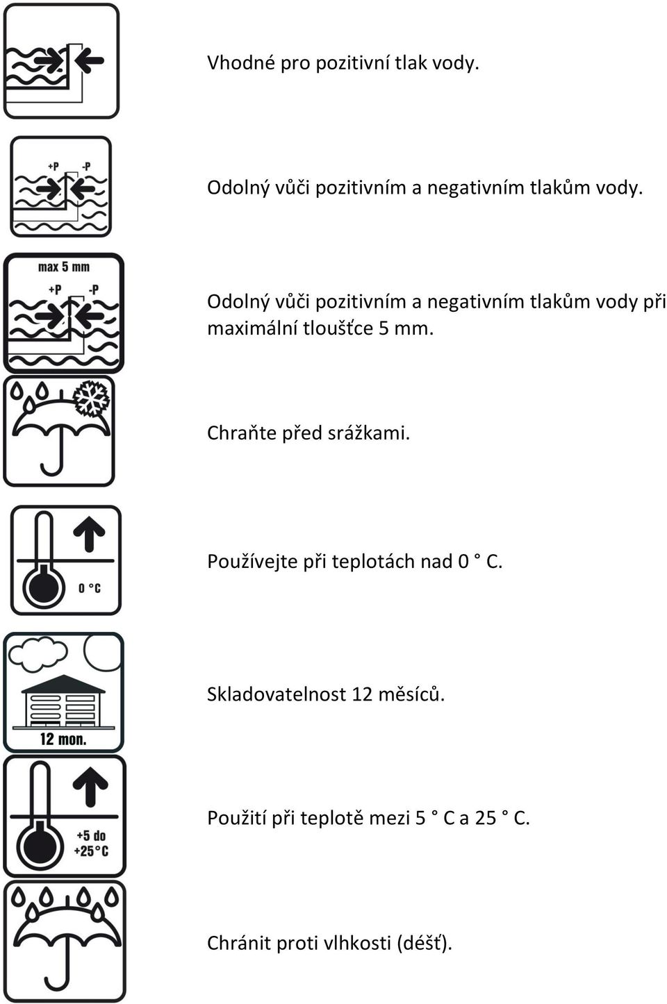 Odolný vůči pozitivním a negativním tlakům vody při maximální tloušťce 5 mm.