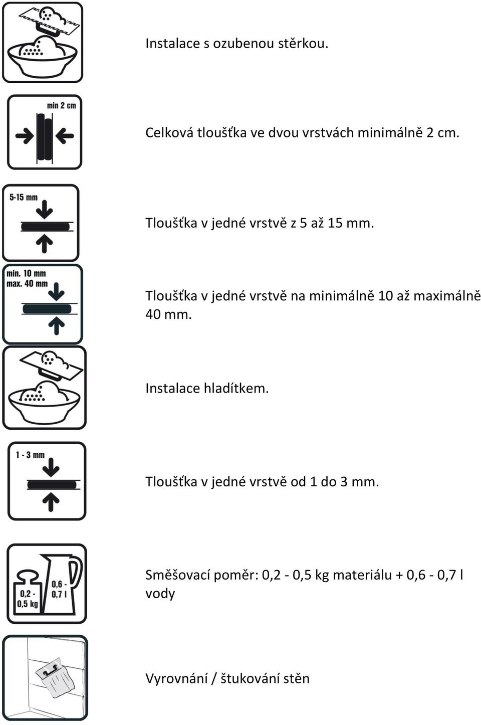 Tloušťka v jedné vrstvě na minimálně 10 až maximálně 40 mm. Instalace hladítkem.