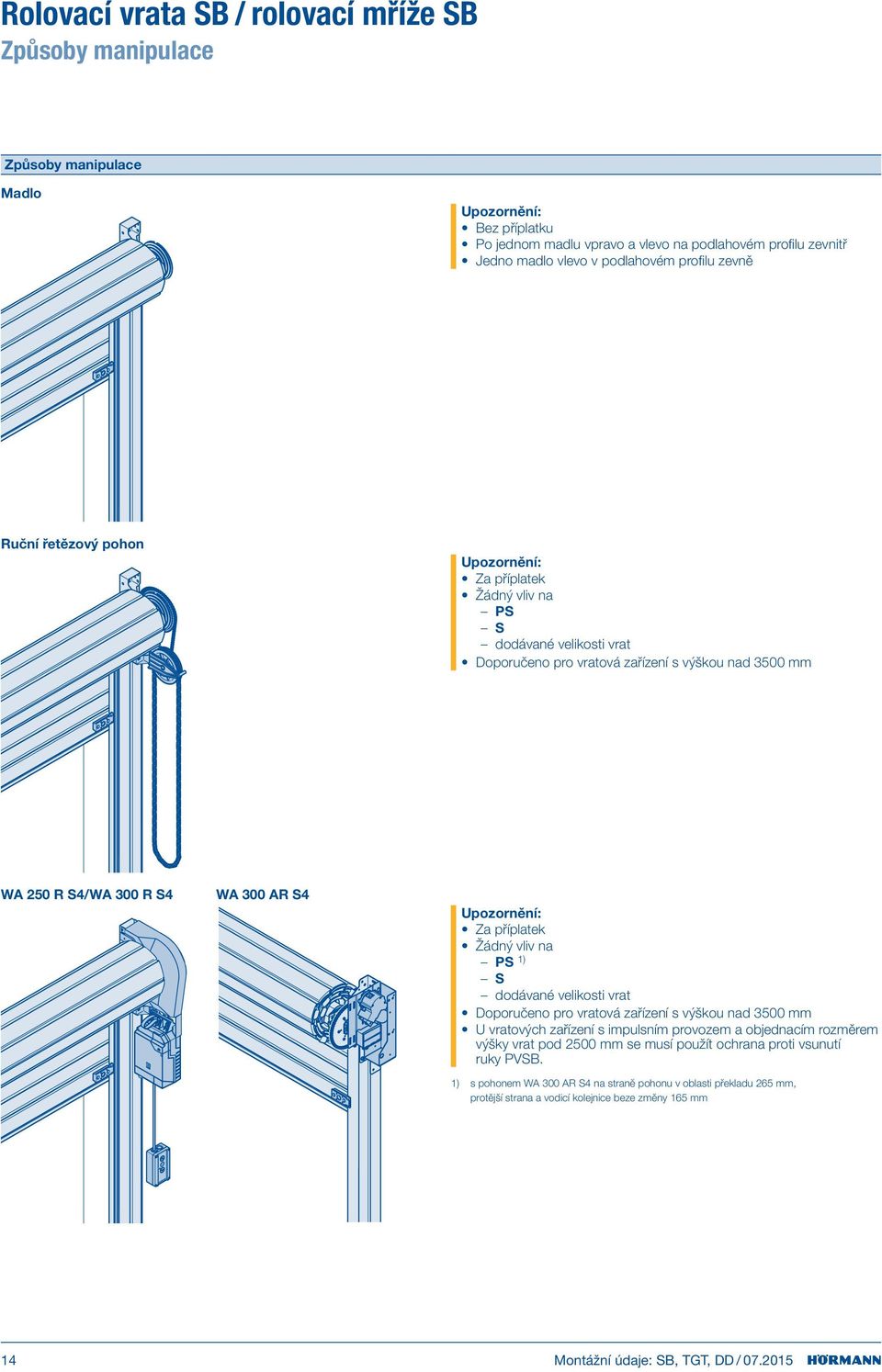 Žádný vliv na PS 1) S dodávané velikosti vrat Doporučeno pro vratová zařízení s výškou nad 3500 mm U vratových zařízení s impulsním provozem a objednacím rozměrem výšky vrat pod 2500 mm se musí