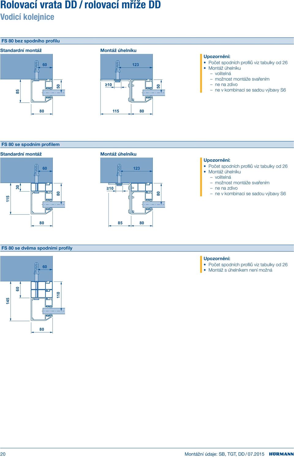 115 30 80 Montáž úhelníku 10 123 80 Počet spodních profilů viz tabulky od 26 Montáž úhelníku volitelná možnost montáže svařením ne na zdivo ne v kombinaci se sadou