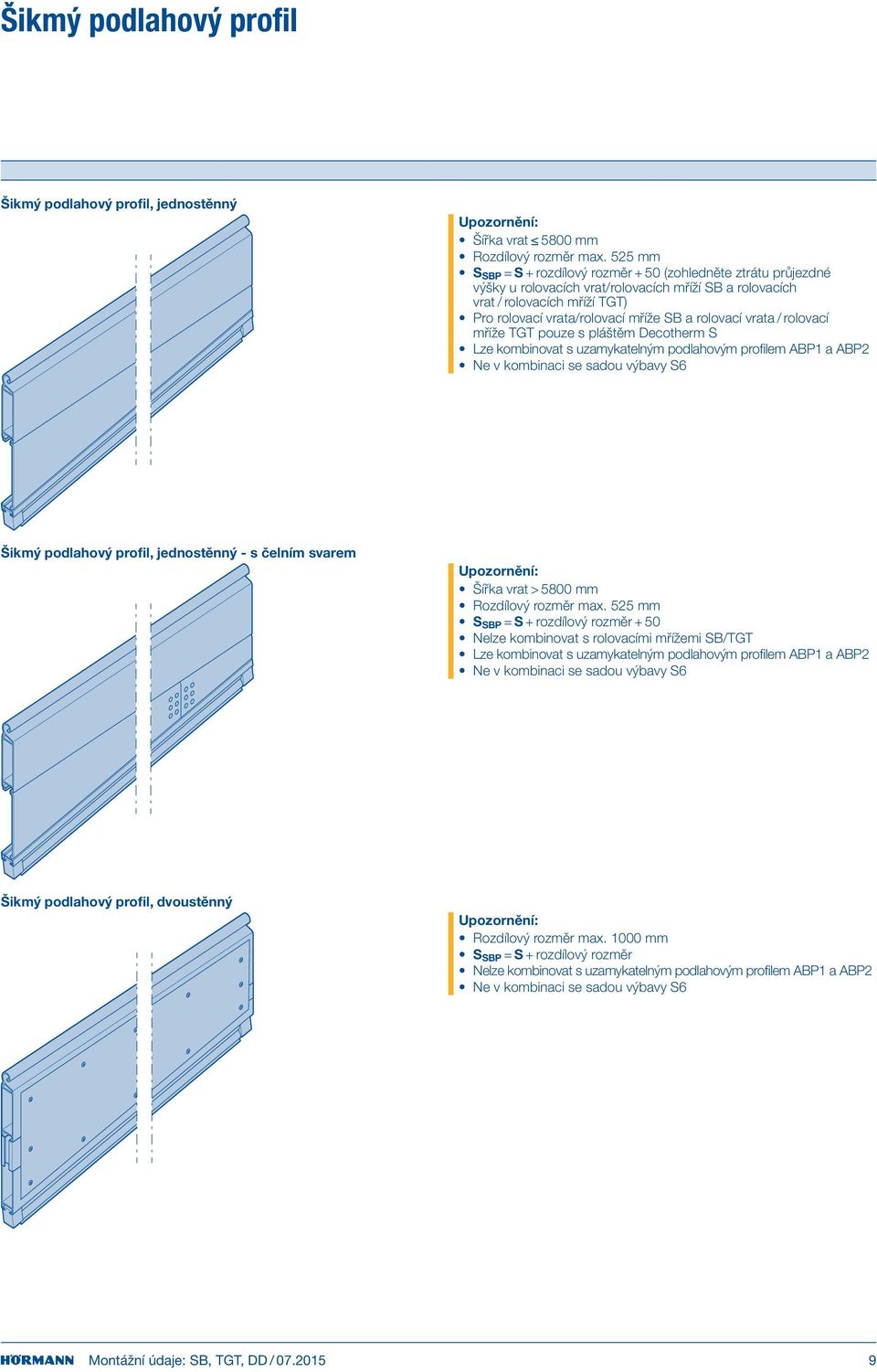 vrata / rolovací mříže TGT pouze s pláštěm Decotherm S Lze kombinovat s uzamykatelným podlahovým profilem ABP1 a ABP2 Ne v kombinaci se sadou výbavy S6 Šikmý podlahový profil, jednostěnný - s čelním