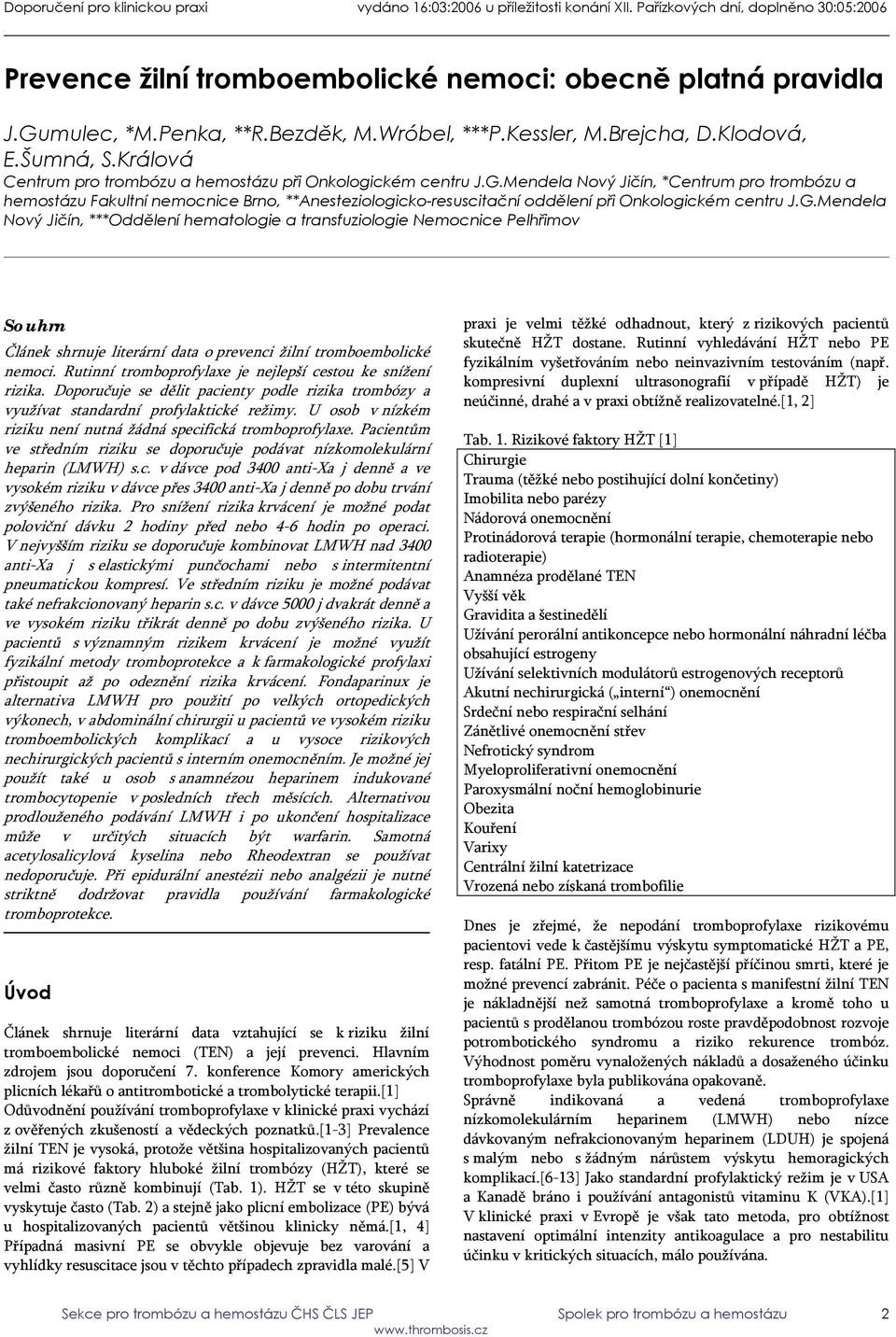 Mendela Nový Jičín, *Centrum pro trombózu a hemostázu Fakultní nemocnice Brno, **Anesteziologicko-resuscitační oddělení při Onkologickém centru J.G.