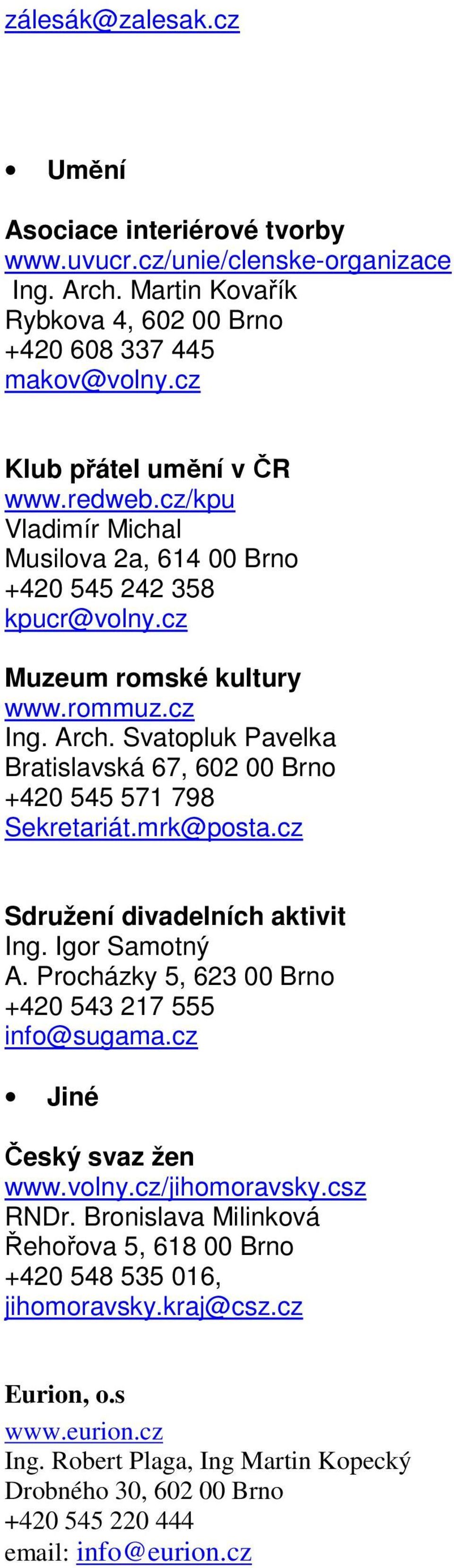 Svatopluk Pavelka Bratislavská 67, 602 00 Brno +420 545 571 798 Sekretariát.mrk@posta.cz Sdružení divadelních aktivit Ing. Igor Samotný A. Procházky 5, 623 00 Brno +420 543 217 555 info@sugama.