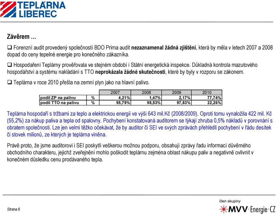Důkladná kontrola mazutového hospodářství a systému nakládání s TTO neprokázala žádné skutečnosti, které by byly v rozporu se zákonem. Teplárna v roce 2010 přešla na zemní plyn jako na hlavní palivo.