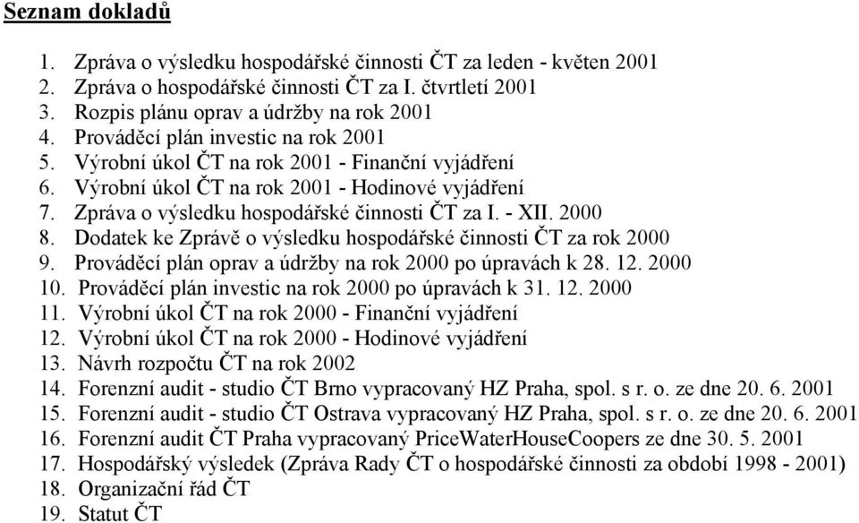 2000 8. Dodatek ke Zprávě o výsledku hospodářské činnosti ČT za rok 2000 9. Prováděcí plán oprav a údržby na rok 2000 po úpravách k 28. 12. 2000 10.