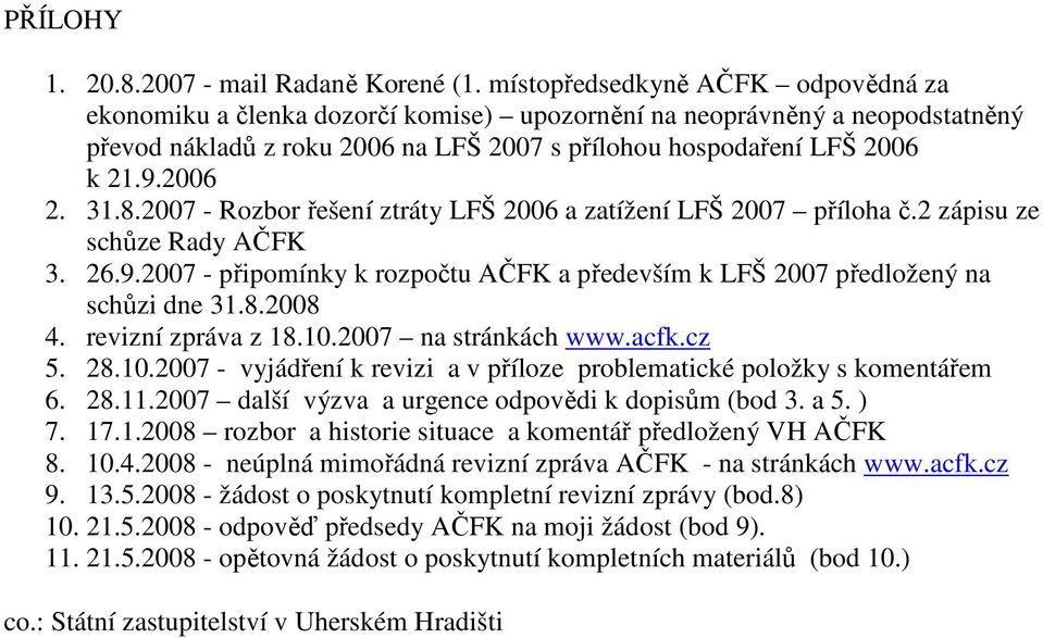 31.8.2007 - Rozbor řešení ztráty LFŠ 2006 a zatížení LFŠ 2007 příloha č.2 zápisu ze schůze Rady AČFK 3. 26.9.2007 - připomínky k rozpočtu AČFK a především k LFŠ 2007 předložený na schůzi dne 31.8.2008 4.