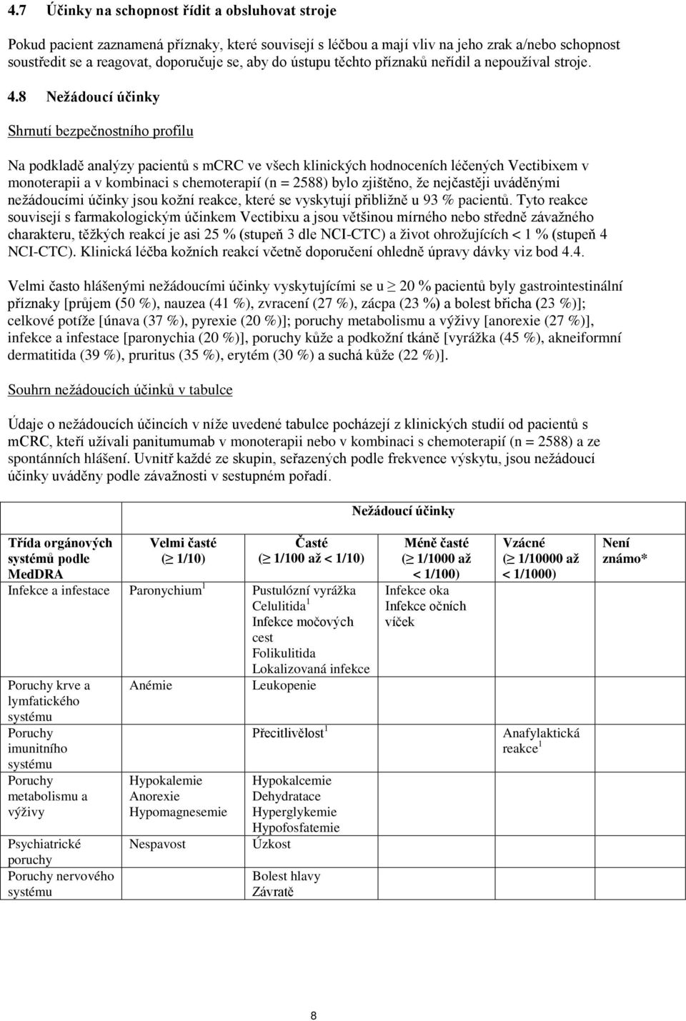 8 Nežádoucí účinky Shrnutí bezpečnostního profilu Na podkladě analýzy pacientů s mcrc ve všech klinických hodnoceních léčených Vectibixem v monoterapii a v kombinaci s chemoterapií (n = 2588) bylo