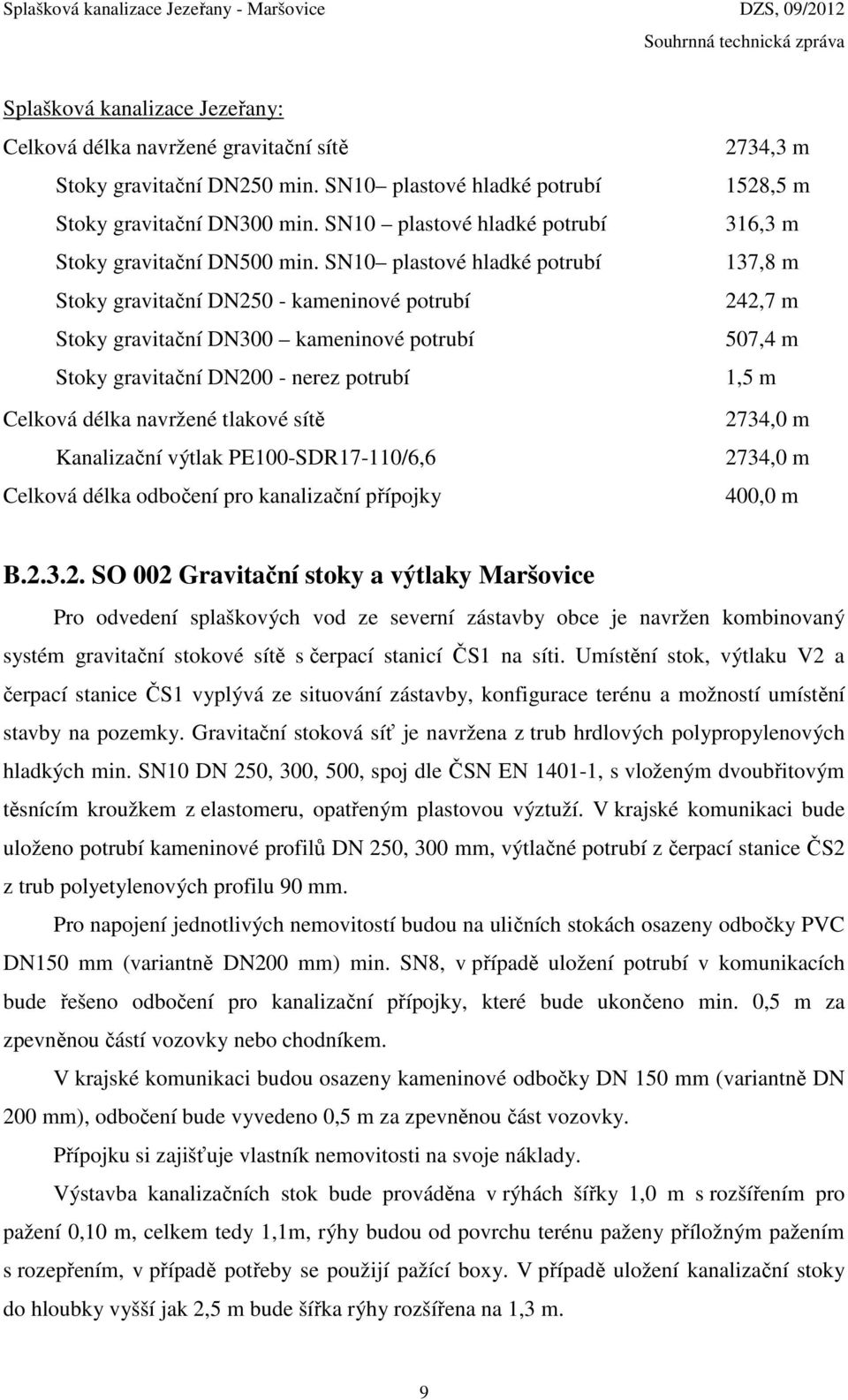 SN10 plastové hladké potrubí Stoky gravitační DN250 - kameninové potrubí Stoky gravitační DN300 kameninové potrubí Stoky gravitační DN200 - nerez potrubí Celková délka navržené tlakové sítě