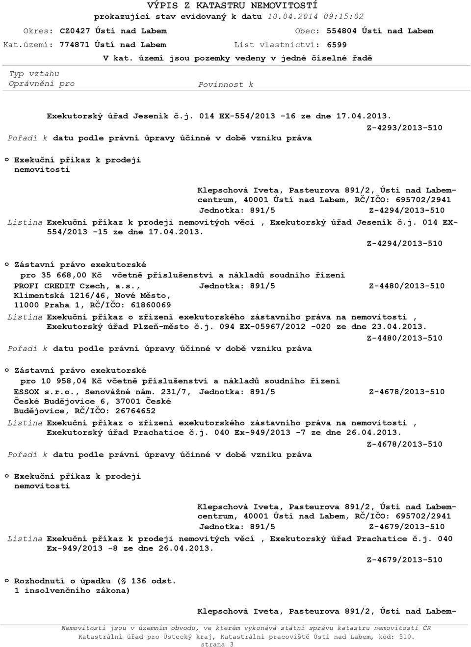 Z-4293/2013-510 Přadí k datu pdle právní úpravy účinné v dbě vzniku práva Klepschvá Iveta, Pasteurva 891/2, Ústí nad Labem Exekuční příkaz k prdeji nemvitsti Klepschvá Iveta, Pasteurva 891/2, Ústí