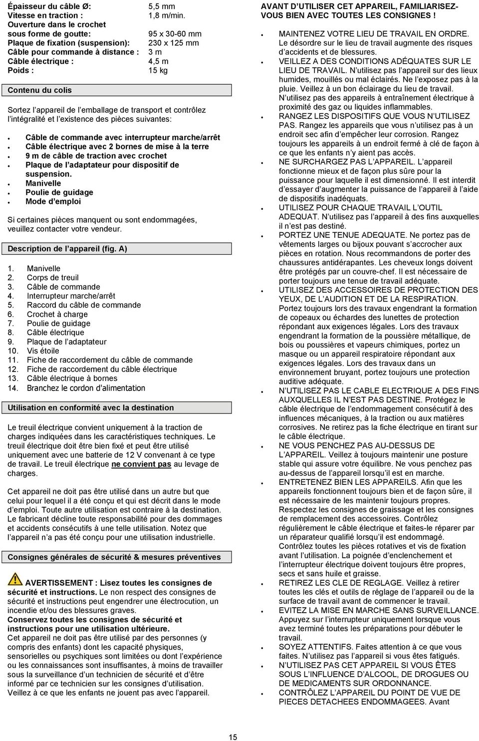 95 x 30-60 mm 230 x 125 mm 3 m 4,5 m 15 kg Sortez l appareil de l emballage de transport et contrôlez l intégralité et l existence des pièces suivantes: Câble de commande avec interrupteur