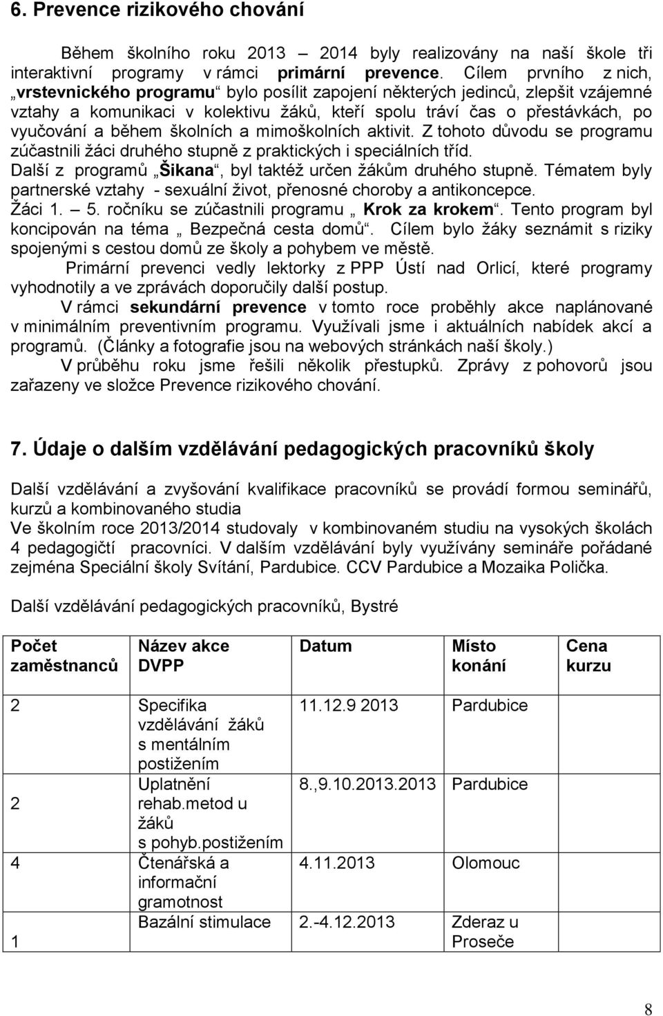 školních a mimoškolních aktivit. Z tohoto důvodu se programu zúčastnili žáci druhého stupně z praktických i speciálních tříd. Další z programů Šikana, byl taktéž určen žákům druhého stupně.