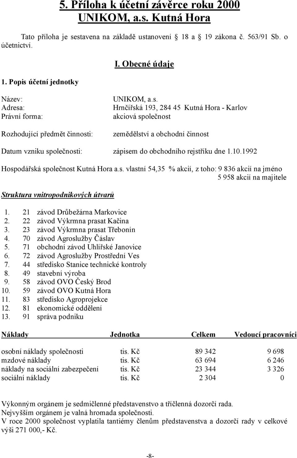 10.1992 Hospodářská společnost Kutná Hora a.s. vlastní 54,35 % akcií, z toho: 9 836 akcií na jméno 5 958 akcií na majitele Struktura vnitropodnikových útvarů 1. 21 závod Drůbežárna Markovice 2.