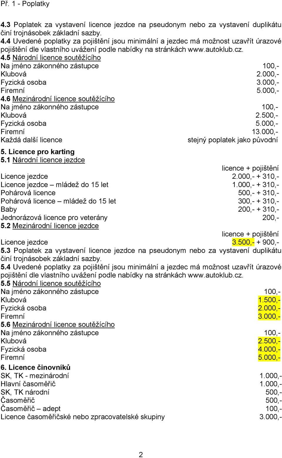 5 Národní licence soutěžícího Klubová 2.000,- Fyzická osoba 3.000,- Firemní 5.000,- 4.6 Mezinárodní licence soutěžícího Klubová 2.500,- Fyzická osoba 5.000,- Firemní 13.