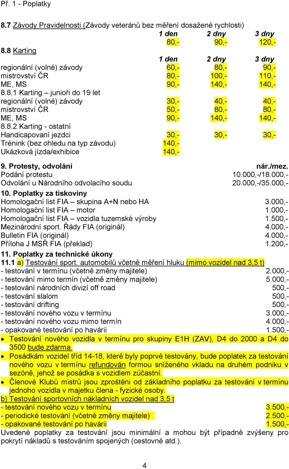 Protesty, odvolání nár./mez. Podání protestu 10.000,-/18.000,- Odvolání u Národního odvolacího soudu 20.000,-/35.000,- 10. Poplatky za tiskoviny Homologační list FIA skupina A+N nebo HA 3.