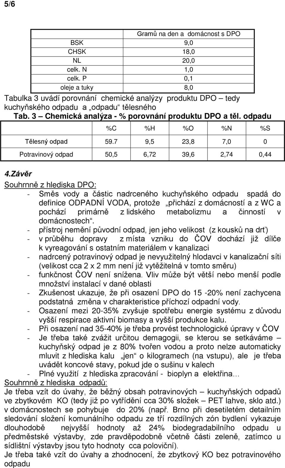 odpadu %C %H %O %N %S Tělesný odpad 59.7 9,5 23,8 7,0 0 Potravinový odpad 50,5 6,72 39,6 2,74 0,44 4.