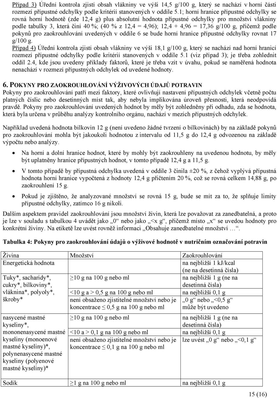 4,96 = 17,36 g/100 g, přičemž podle pokynů pro zaokrouhlování uvedených v oddíle 6 se bude horní hranice přípustné odchylky rovnat 17 g/100 g.