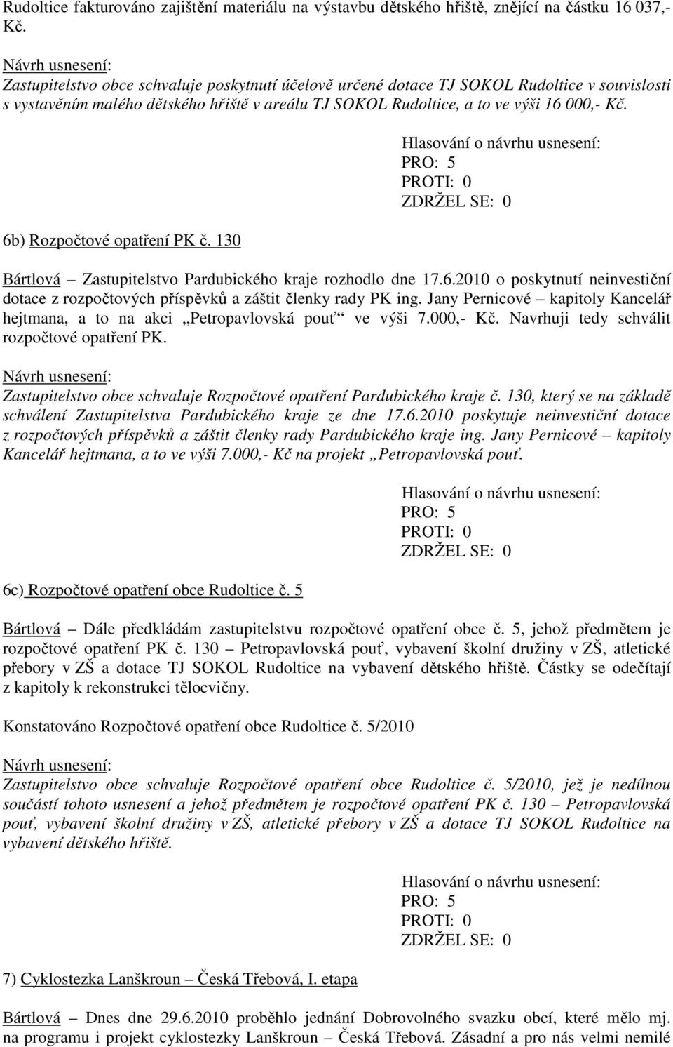 6b) Rozpočtové opatření PK č. 130 Bártlová Zastupitelstvo Pardubického kraje rozhodlo dne 17.6.2010 o poskytnutí neinvestiční dotace z rozpočtových příspěvků a záštit členky rady PK ing.