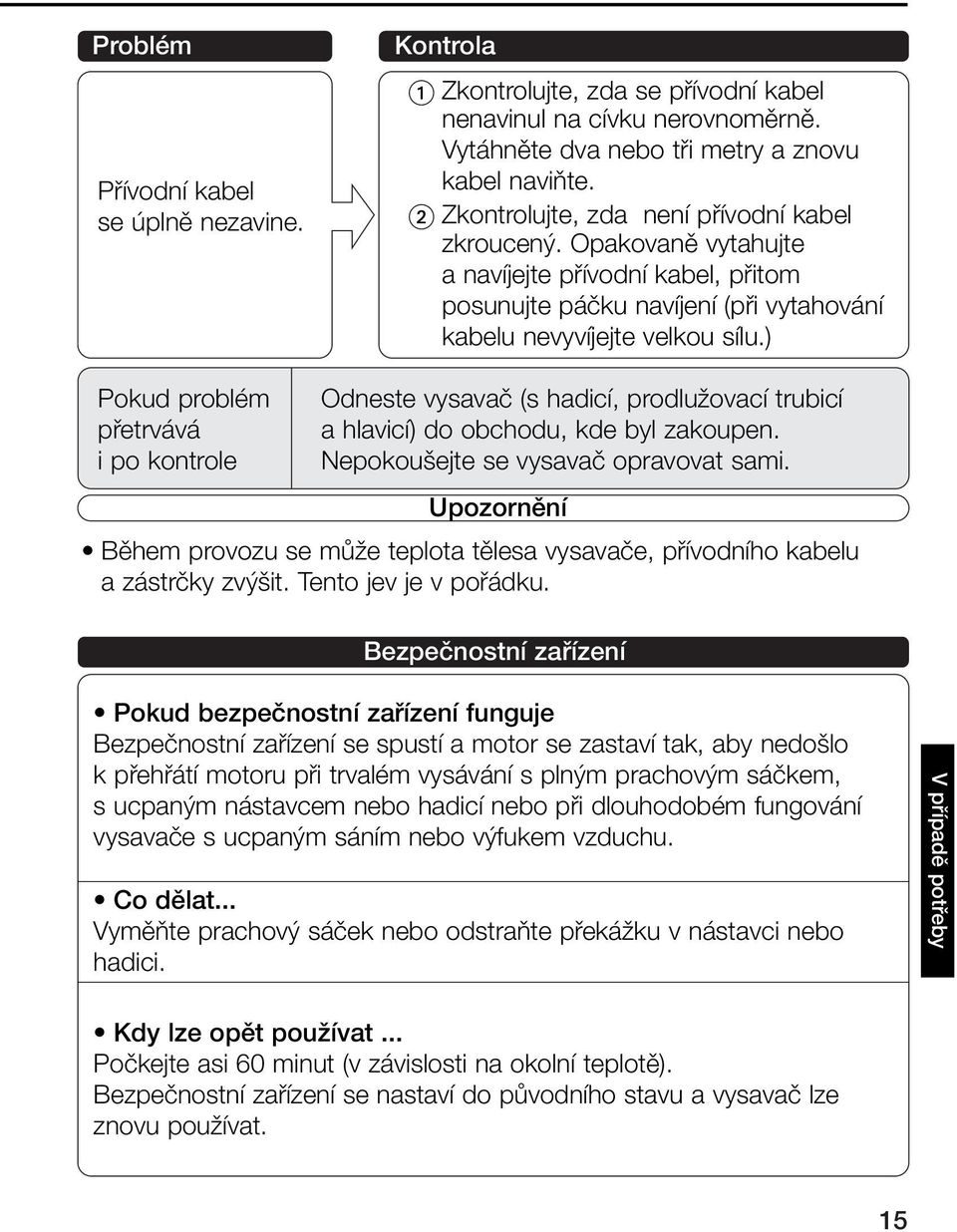 ) Pokud problém pfietrvává i po kontrole Odneste vysavaã (s hadicí, prodluïovací trubicí a hlavicí) do obchodu, kde byl zakoupen. Nepokou ejte se vysavaã opravovat sami.