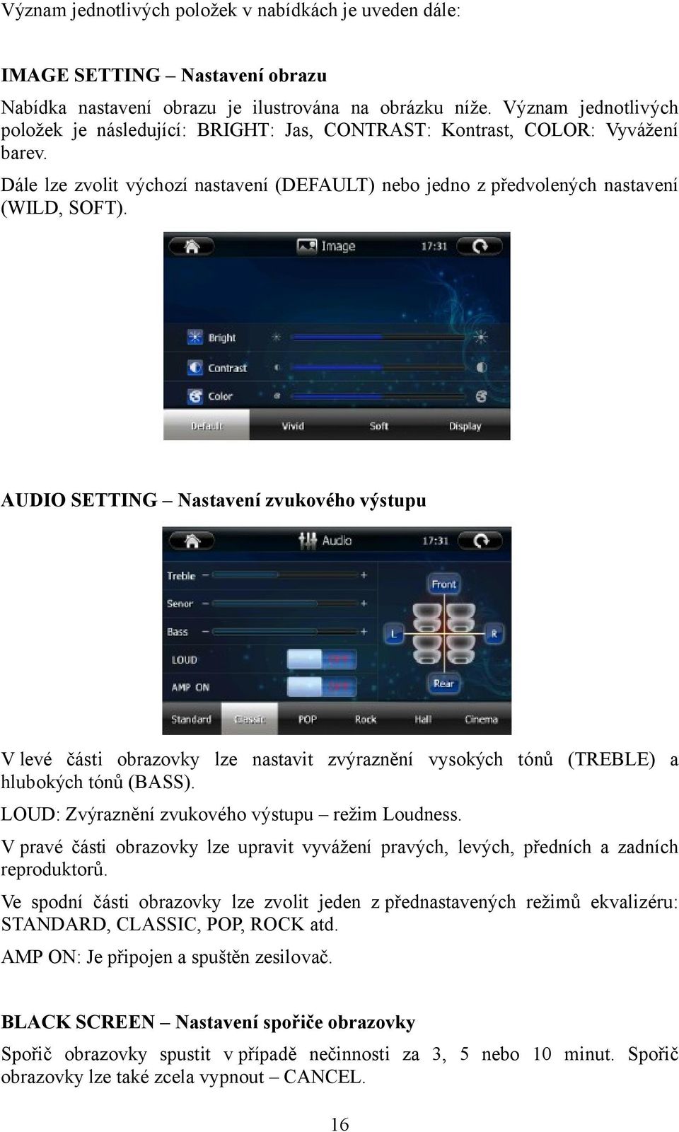 AUDIO SETTING Nastavení zvukového výstupu V levé části obrazovky lze nastavit zvýraznění vysokých tónů (TREBLE) a hlubokých tónů (BASS). LOUD: Zvýraznění zvukového výstupu režim Loudness.