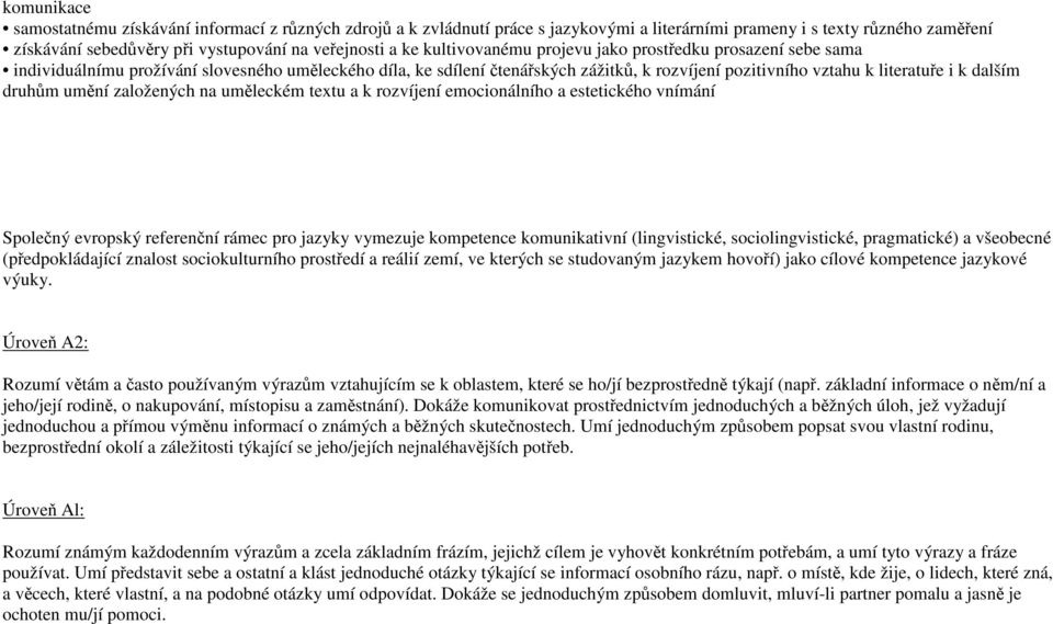 druhům umění založených na uměleckém textu a k rozvíjení emocionálního a estetického vnímání Společný evropský referenční rámec pro jazyky vymezuje kompetence komunikativní (lingvistické,