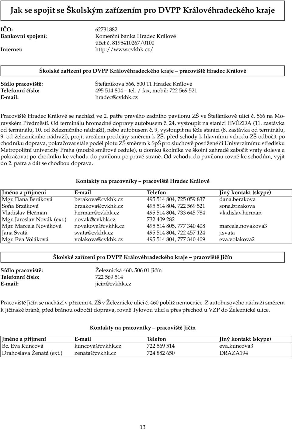 / fax, mobil: 722 569 521 E-mail: hradec@cvkhk.cz Pracoviště Hradec Králové se nachází ve 2. patře pravého zadního pavilonu ZŠ ve Štefánikově ulici č. 566 na Moravském Předměstí.