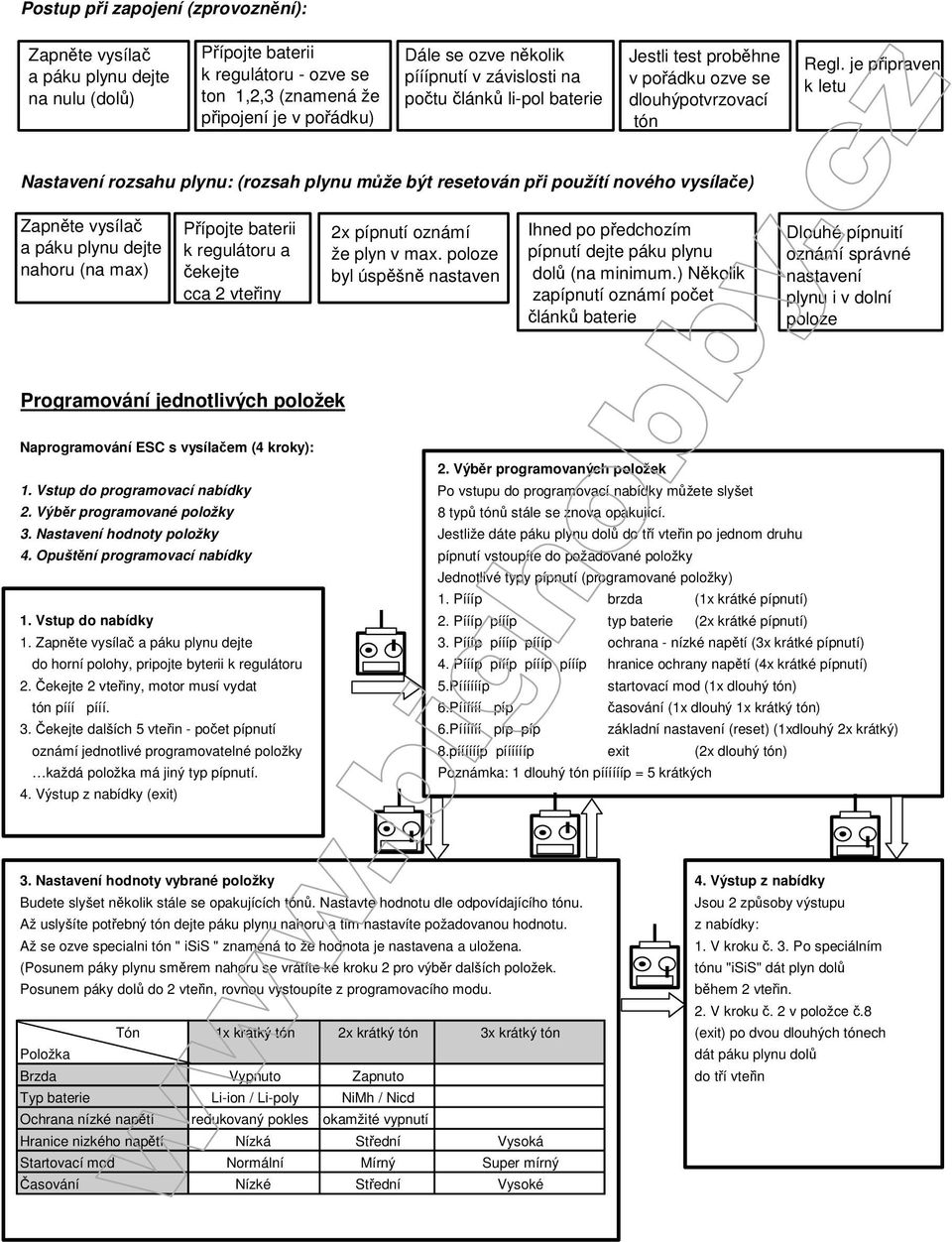 je pipraven k letu Nastavení rozsahu plynu: (rozsah plynu mže být resetován pi použítí nového vysílae) Zapnte vysíla a páku plynu dejte nahoru (na max) Pípojte baterii k regulátoru a ekejte cca 2