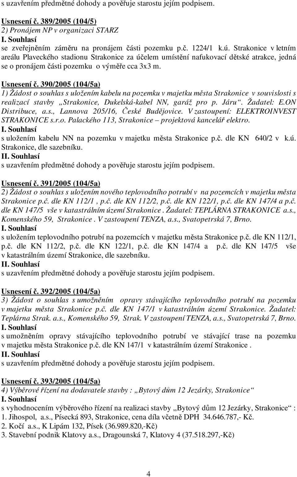 390/2005 (104/5a) 1) Žádost o souhlas s uložením kabelu na pozemku v majetku města Strakonice v souvislosti s realizací stavby Strakonice, Dukelská-kabel NN, garáž pro p. Járu. Žadatel: E.